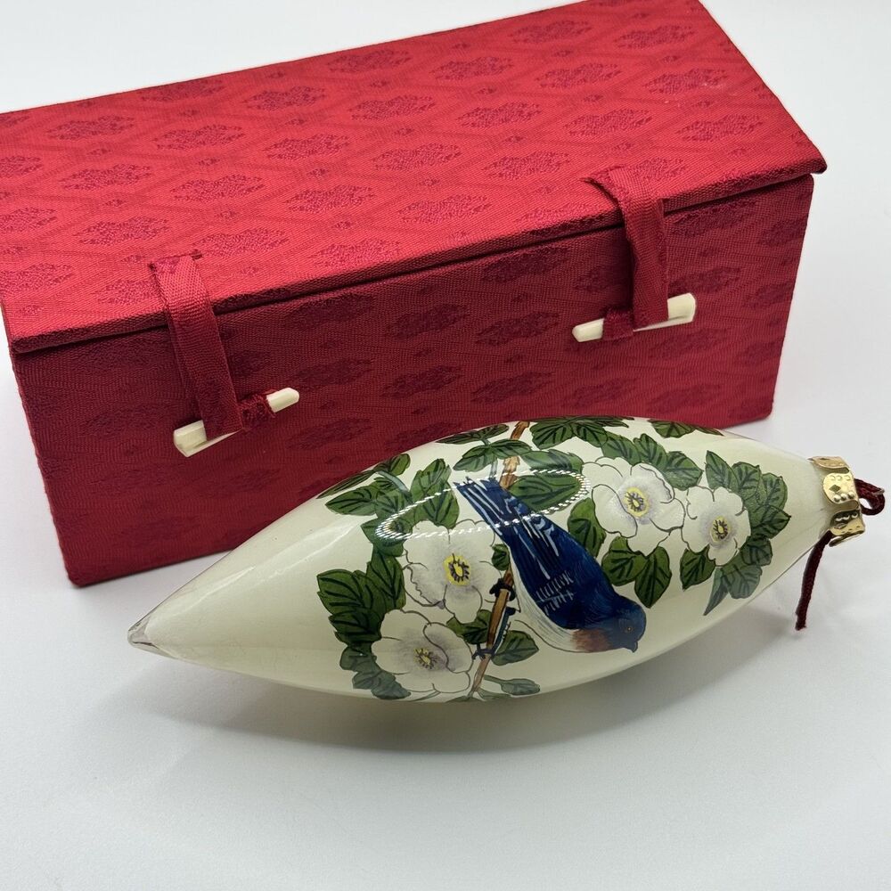 Vintage 1999 FIGI Inside Art Bluebird Dogwood Reverse Painted Glass Ornament Box